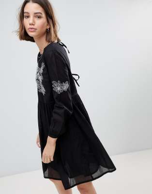 black embroidered smock dress