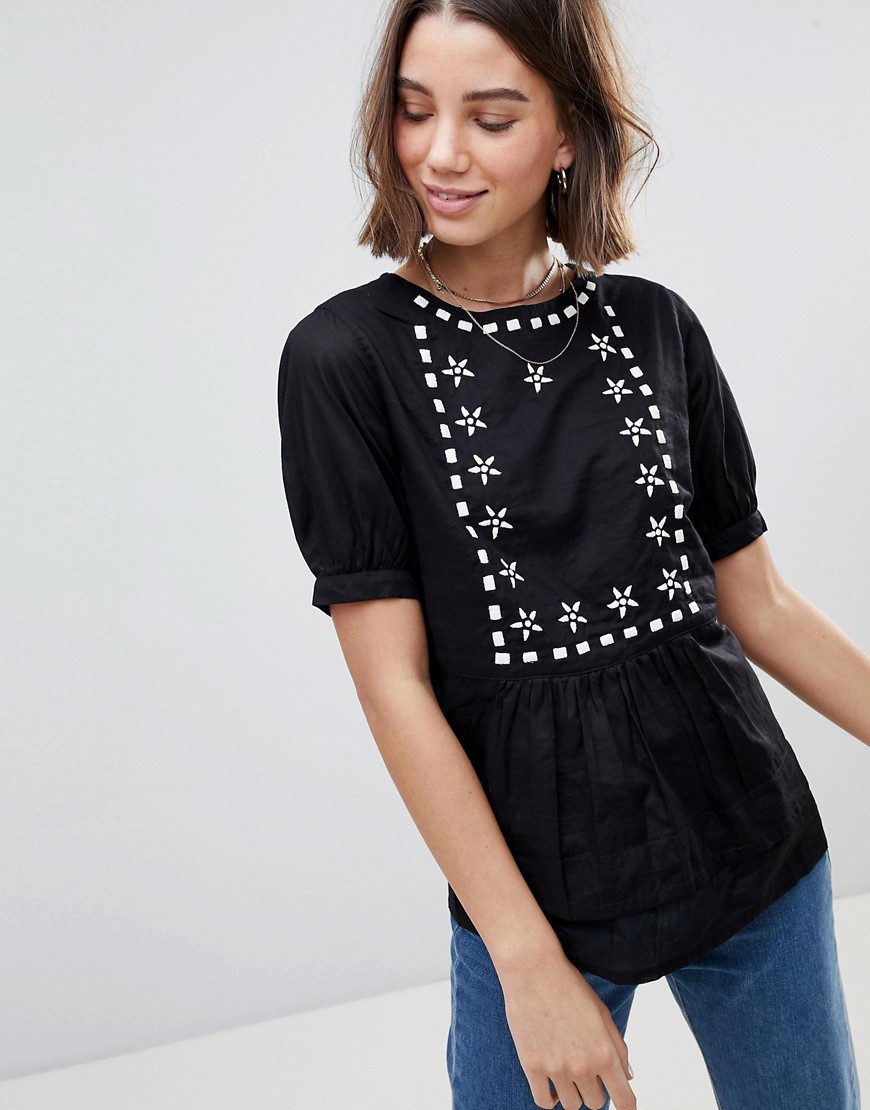People Tree Smock Top With Embroidery-Black