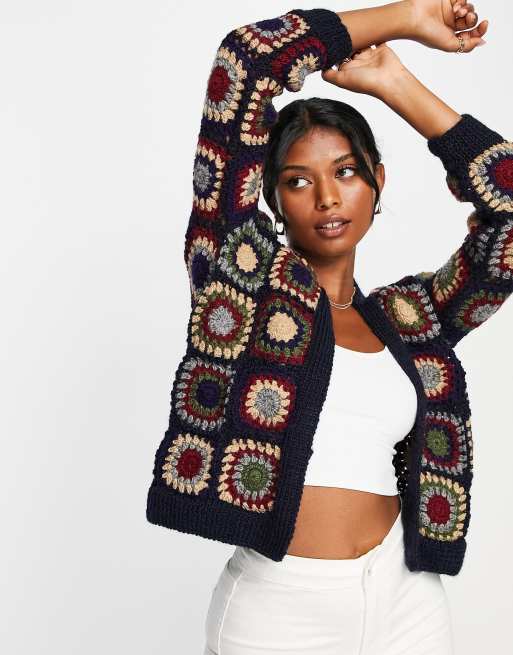 People Tree – Szydełkowany dzianinowy kardigan w stylu boho o luźnym fasonie