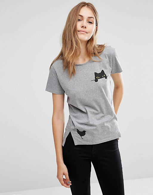 People Tree – T-Shirt aus Bio-Baumwolle mit aufgedruckter Tasche, Katzen- und Vogelmotiv