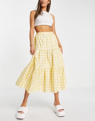People Tree tiered midi picnic skirt in cotton yellow check - ASOS Price Checker