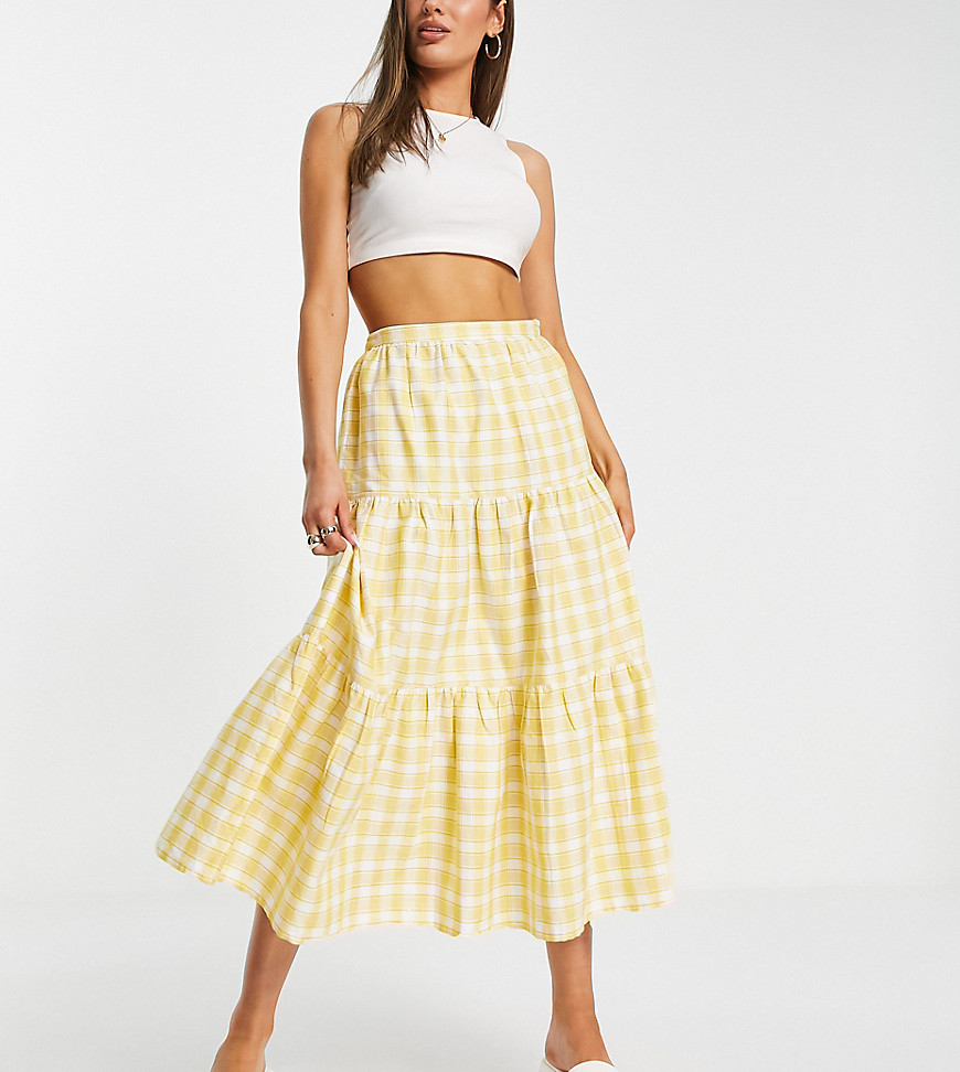 tiered midi picnic skirt in cotton yellow plaid