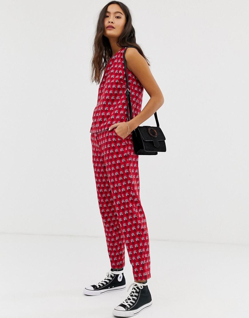 People Tree x V&A straight leg trousers in tiled floral print co-ord-Red