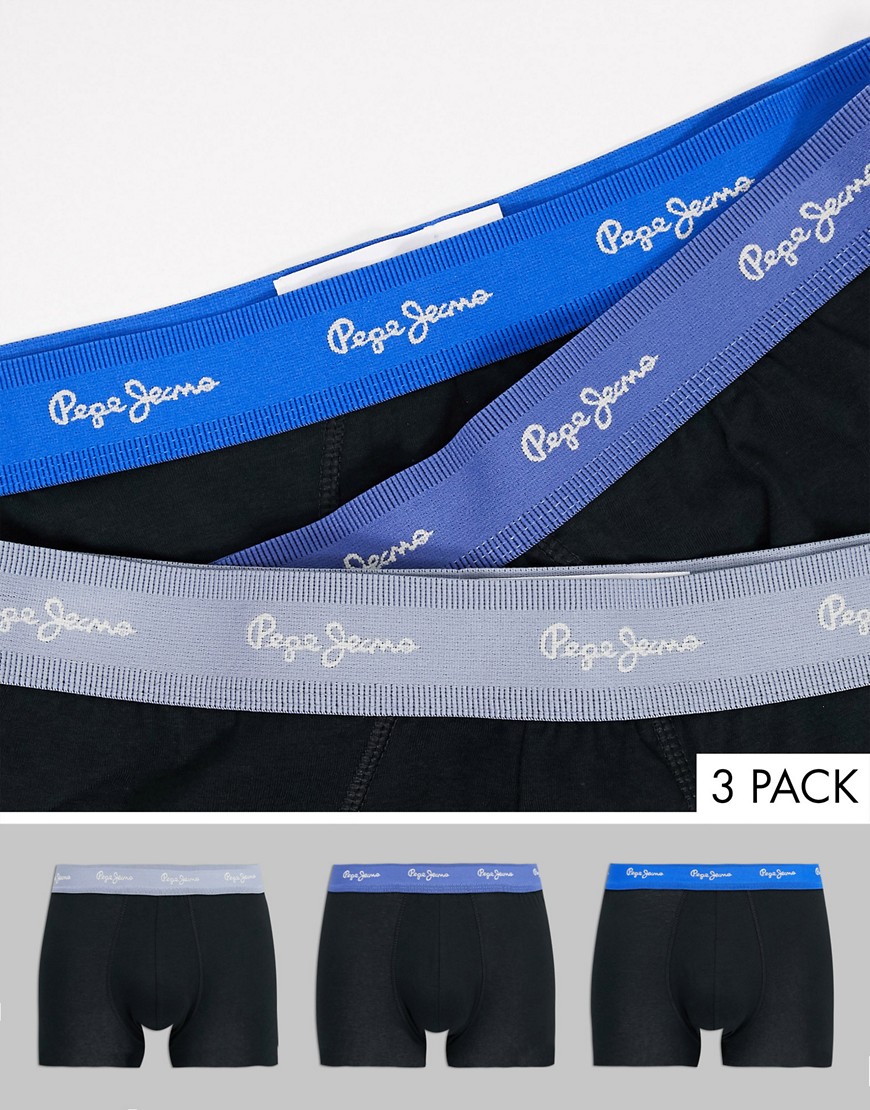 Pepe Jeans albor 3 pack trunks with blue and shadow waistbands-Black