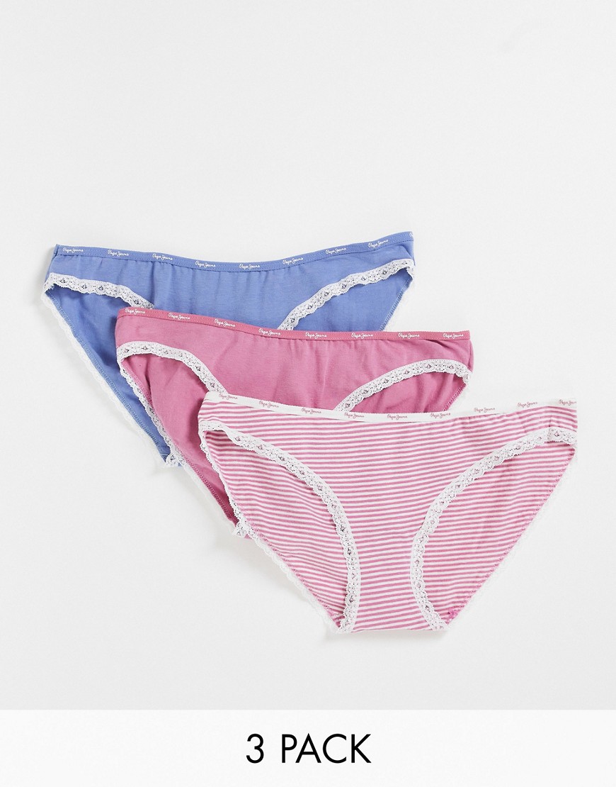 Pepe Jeans Belle 3-pack briefs in stripe, washed berry and blue-Pink