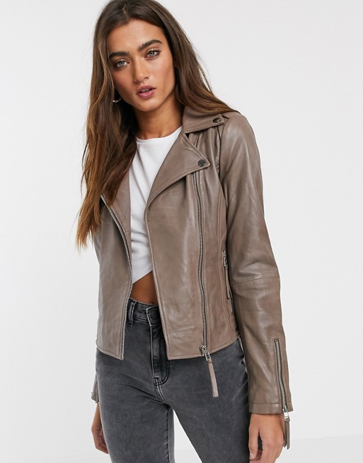Pepe Jeans Bette leather biker jacket in taupe