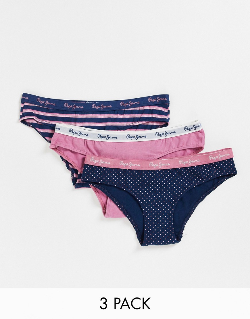 Pepe Jeans Brini 3-pack briefs in stripe, solid and dot navy and washed berry