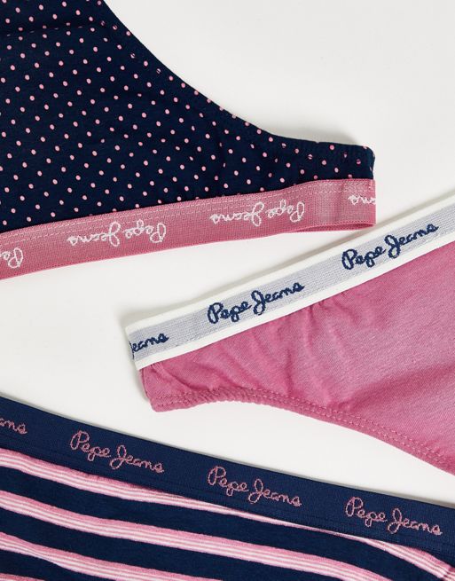 Pepe Jeans Brini 3-pack briefs in stripe, solid and dot navy and washed  berry