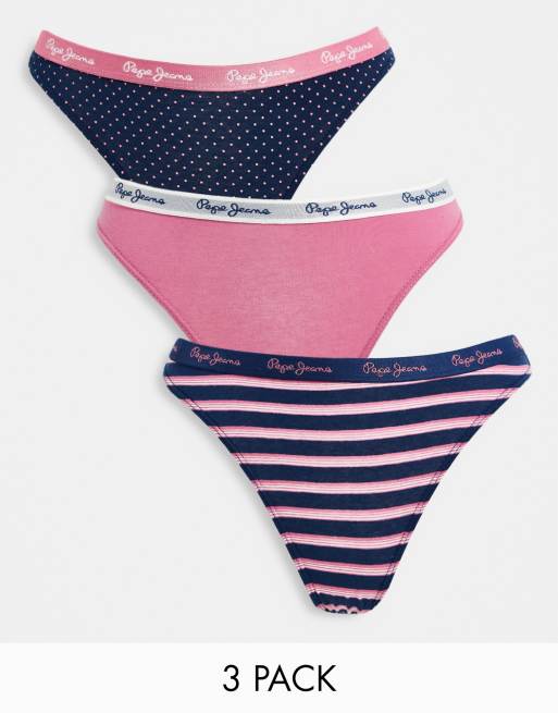 Pepe Jeans Brini Lot de 3 strings à rayures, à pois et unie Bleu