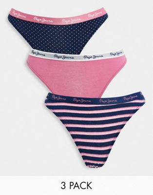 Pepe Jeans brini stripe and spot 3 pack thongs in navy and washed berry