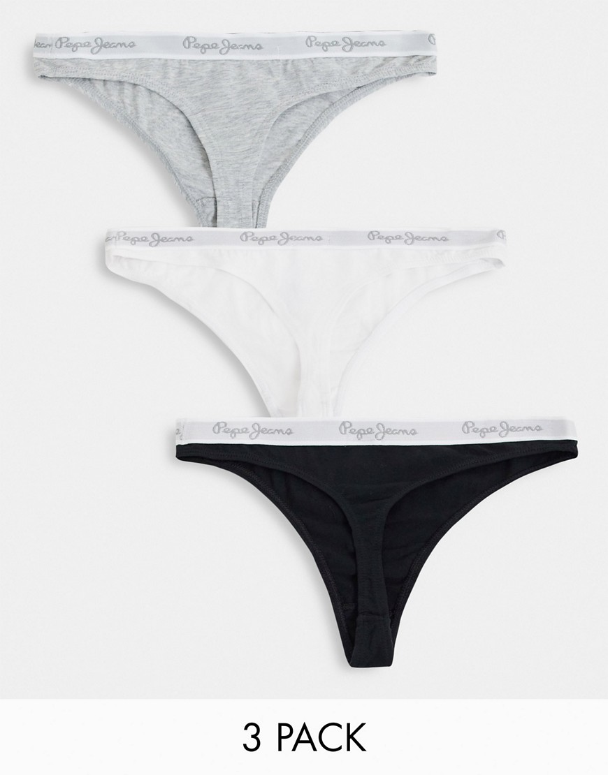 pepe jeans erica 3 pack thong in black grey and white-multi