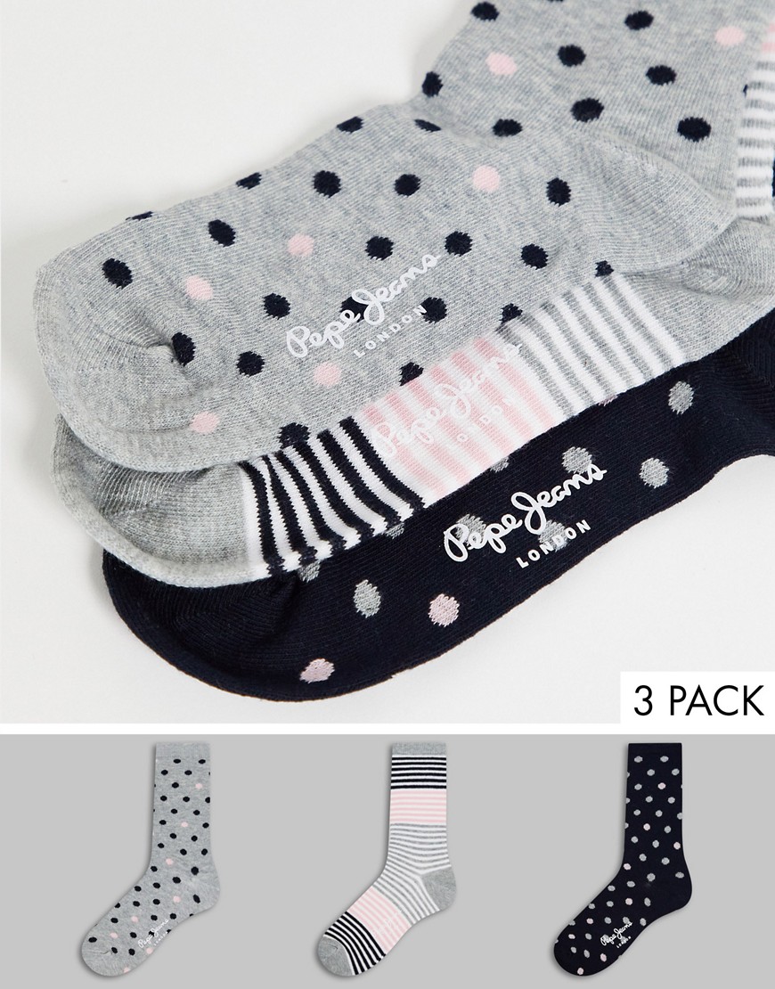 Pepe Jeans – Evelyn – 3er-Pack Socken mit Streifen und Punkten in Schwarz, Grau, Rosa