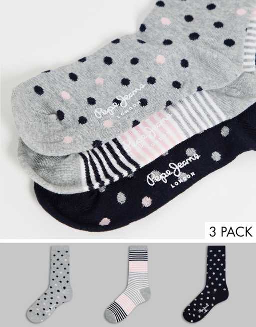 Pepe Jeans - Evelyn - Confezione da 3 paia di calzini a righe e a pois neri, grigi e rosa
