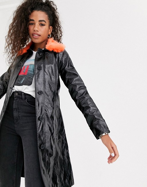 Pepe Jeans faux leather trench coat with faux fur collar