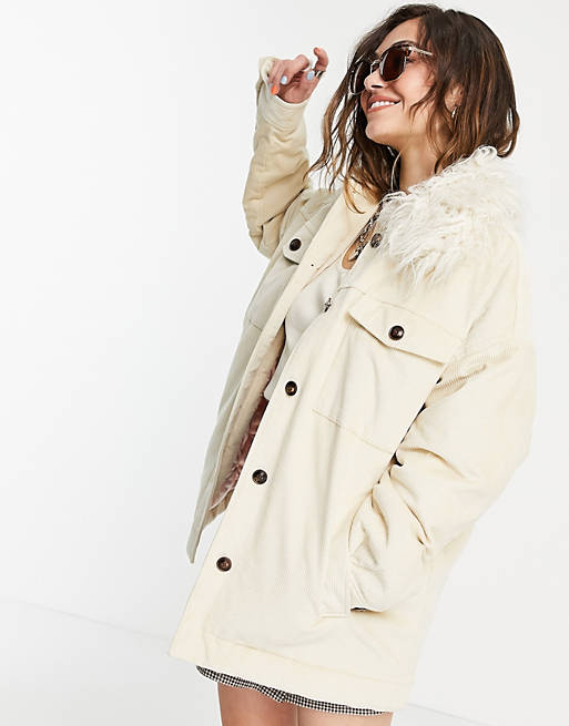Pepe Jeans katy cord jacket with fur collar in cream