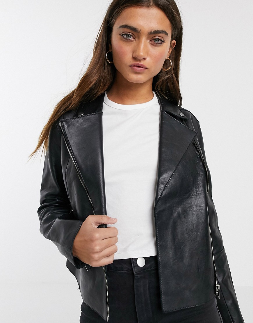 Pepe Jeans Liana soft leather biker jacket-Black