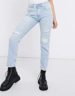 light wash distressed straight leg jeans