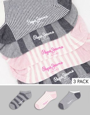 Pepe Jeans saraya 3 pack trainer sock sin grey pink stripes