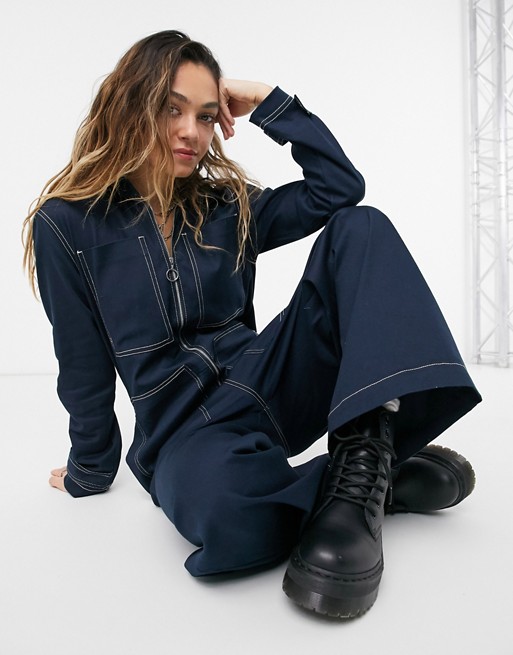 Pepe Jeans Verity contrast stitch jumpsuit in navy