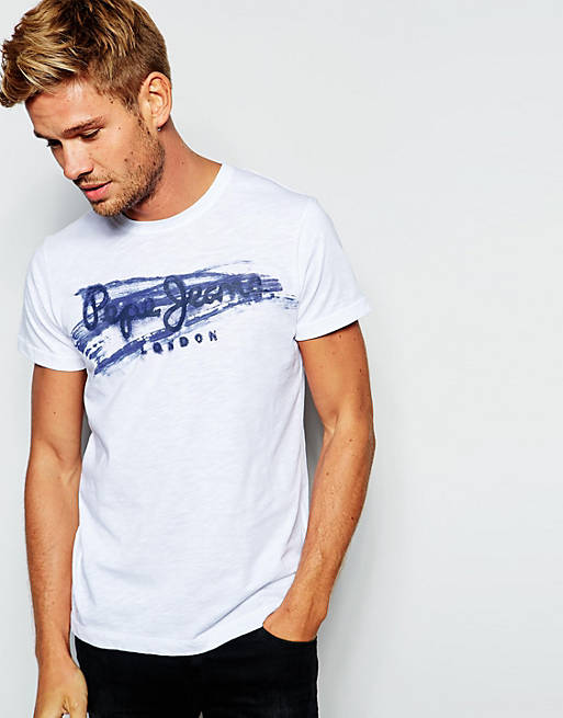 Pepe Jeans Waterloo Brush Stroke T-Shirt In White | ASOS