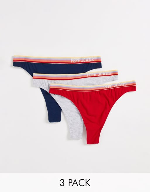 Pepe Jeans – Zola – Röda, grå och marinblå stringtrosor, 3-pack