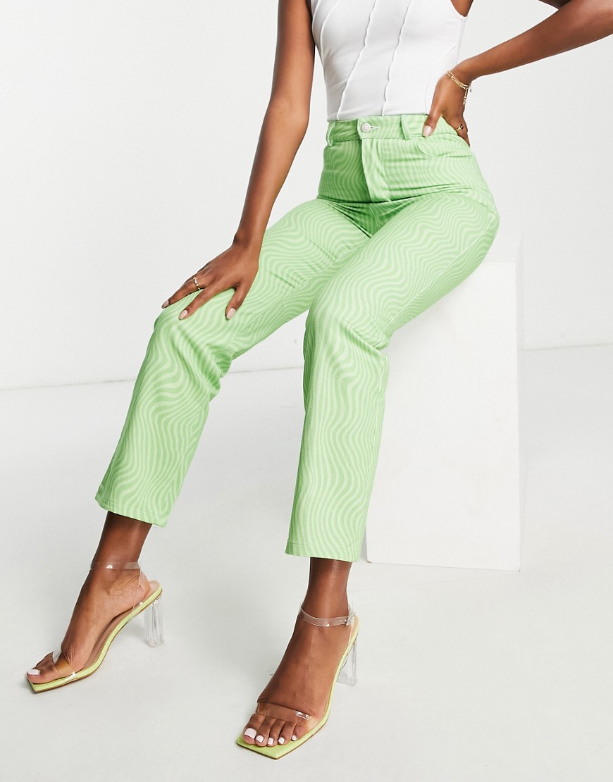 Peppermayo cigarette trouser in retro lime swirl print-Green