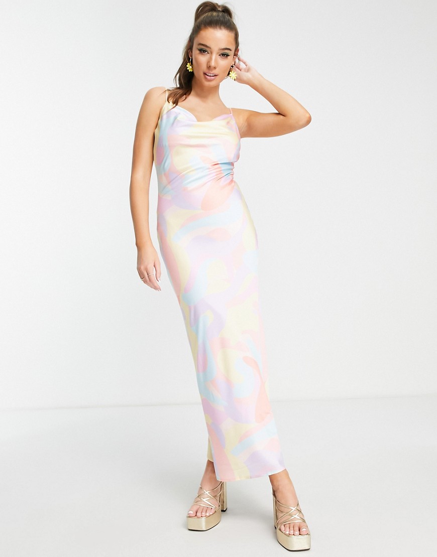 Pepper Mayo Peppermayo Cowl Front Maxi Dress In Pastel Wave Print-multi