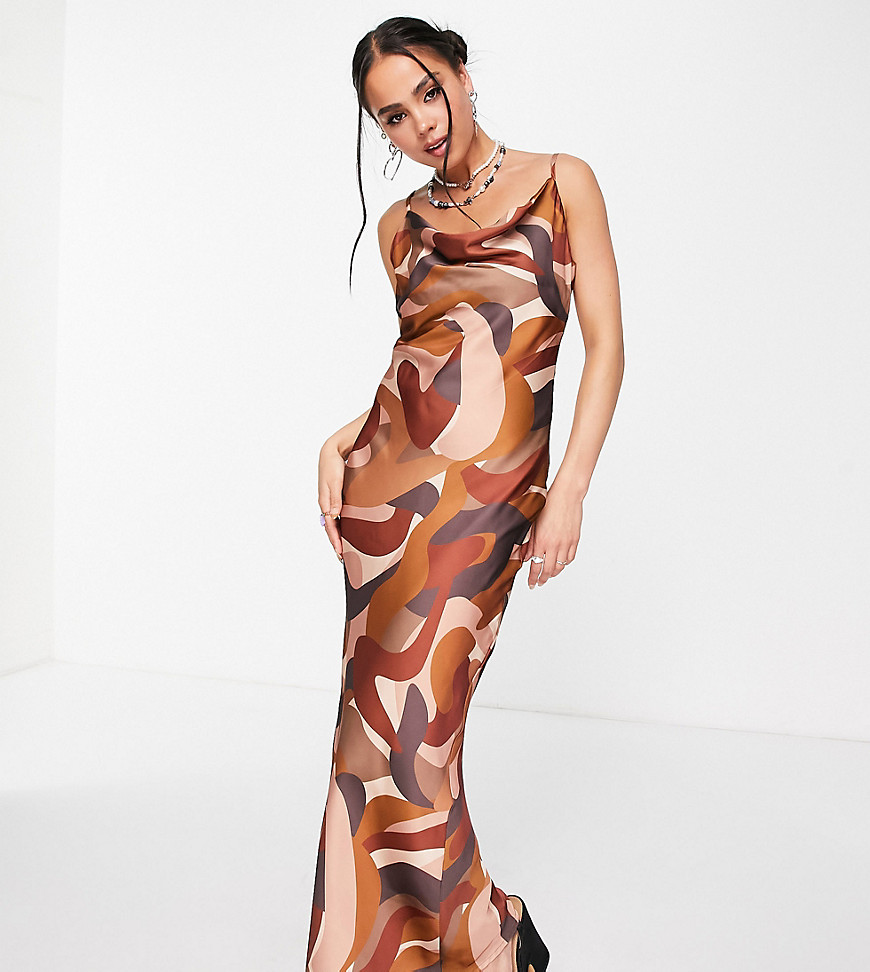 Peppermayo exclusive satin cowl front maxi dress in brown swirl print-Multi