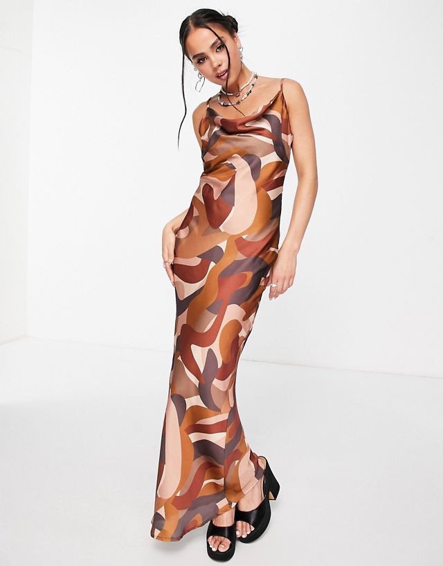Peppermayo exclusive satin cowl front maxi dress in brown swirl print