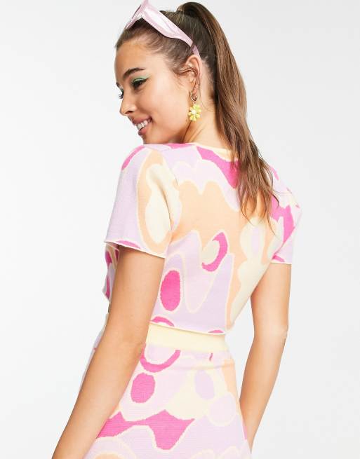 Peppermayo knitted tie front crop top co ord in psychedelic print, 2 of 4