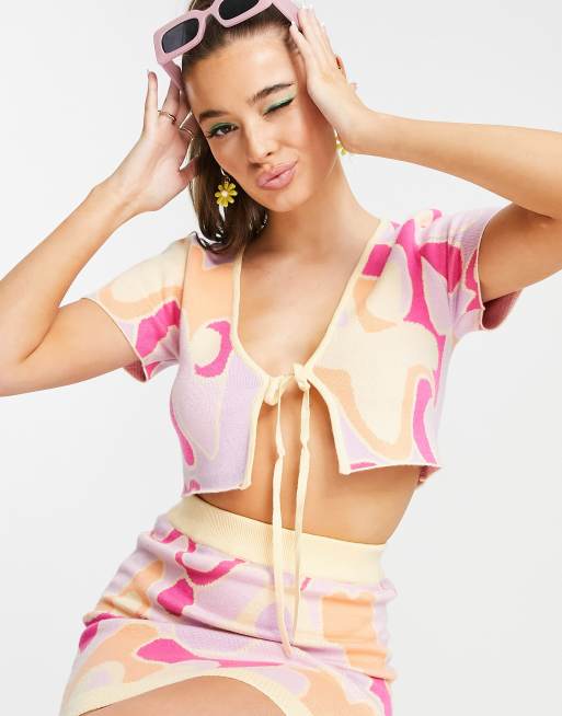 Peppermayo knitted tie front crop top co ord in psychedelic print, 3 of 4