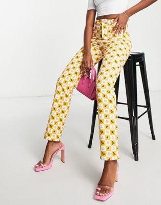 Peppermayo printed check cigarette trousers in yellow multi