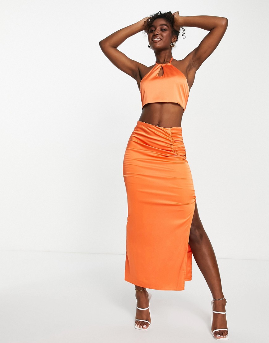 Pepper Mayo Peppermayo Satin Ruched Side Midi Skirt In Orange - Part Of A Set