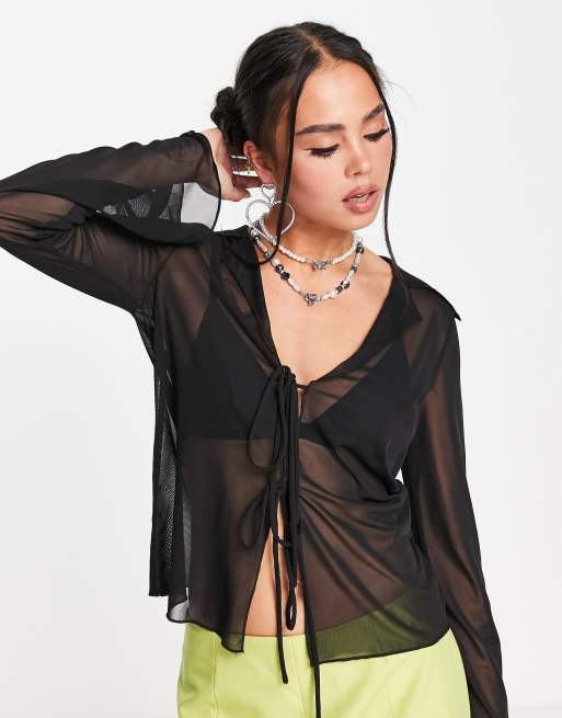 Sheer Tie-front Top - Black - Ladies