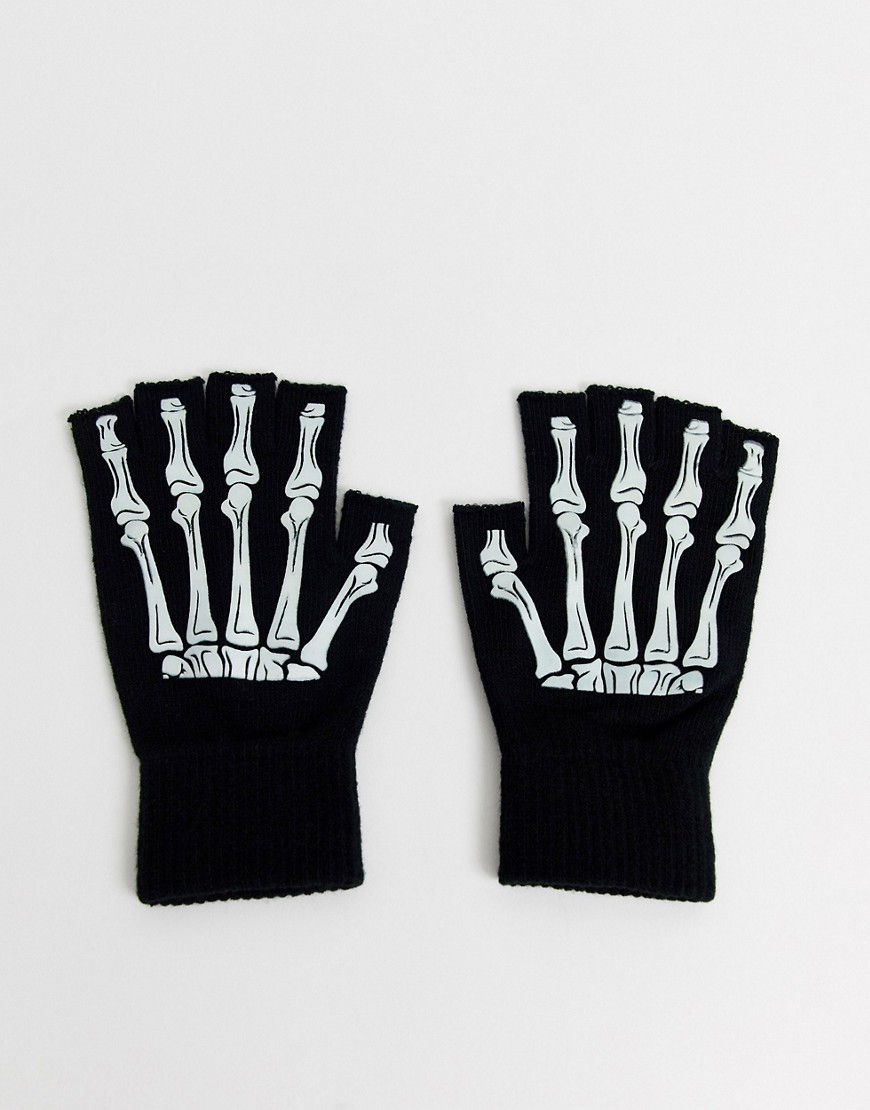 фото Перчатки без пальцев с принтом скелета руки asos design-черный