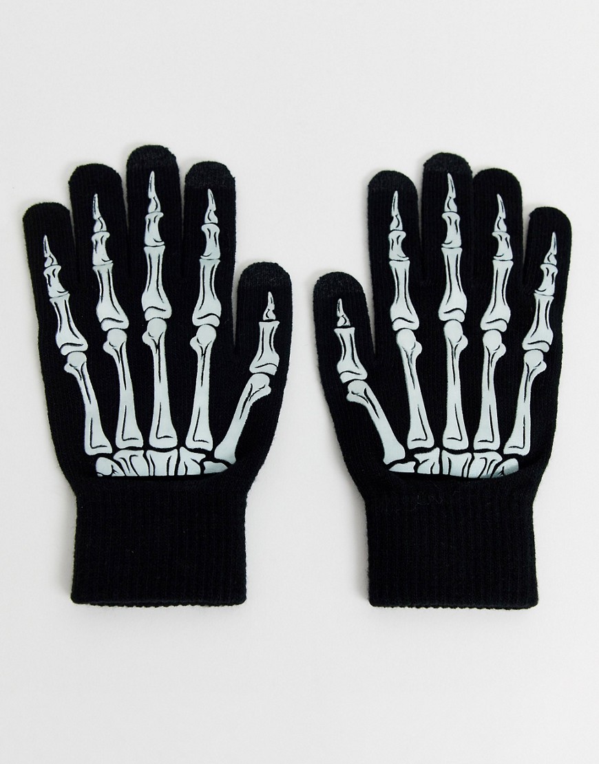 фото Перчатки для сенсорных экранов с принтом скелета руки asos design нalloween-черный