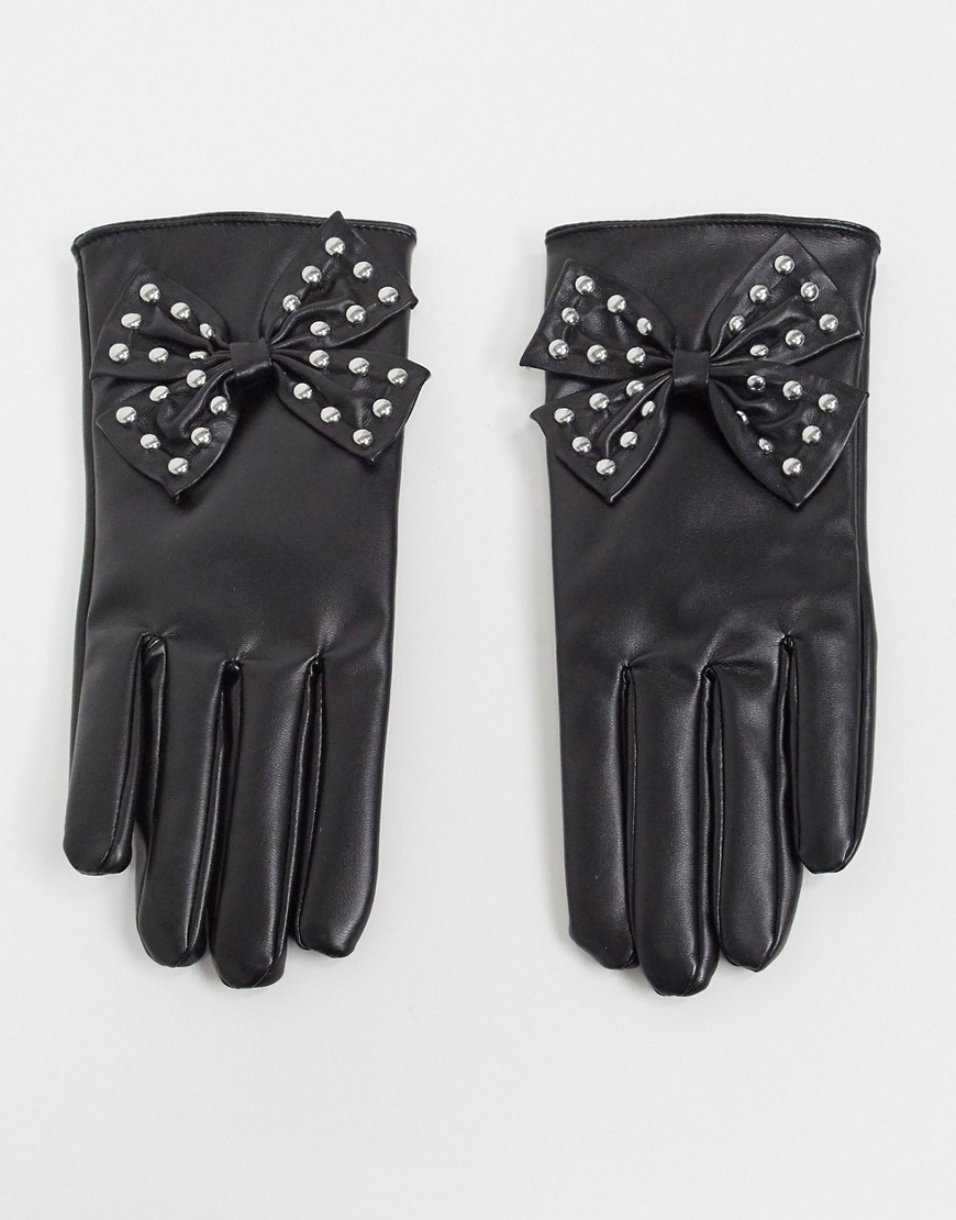 фото Перчатки из черной искусственной кожи с бантами с заклепками my accessories london-черный