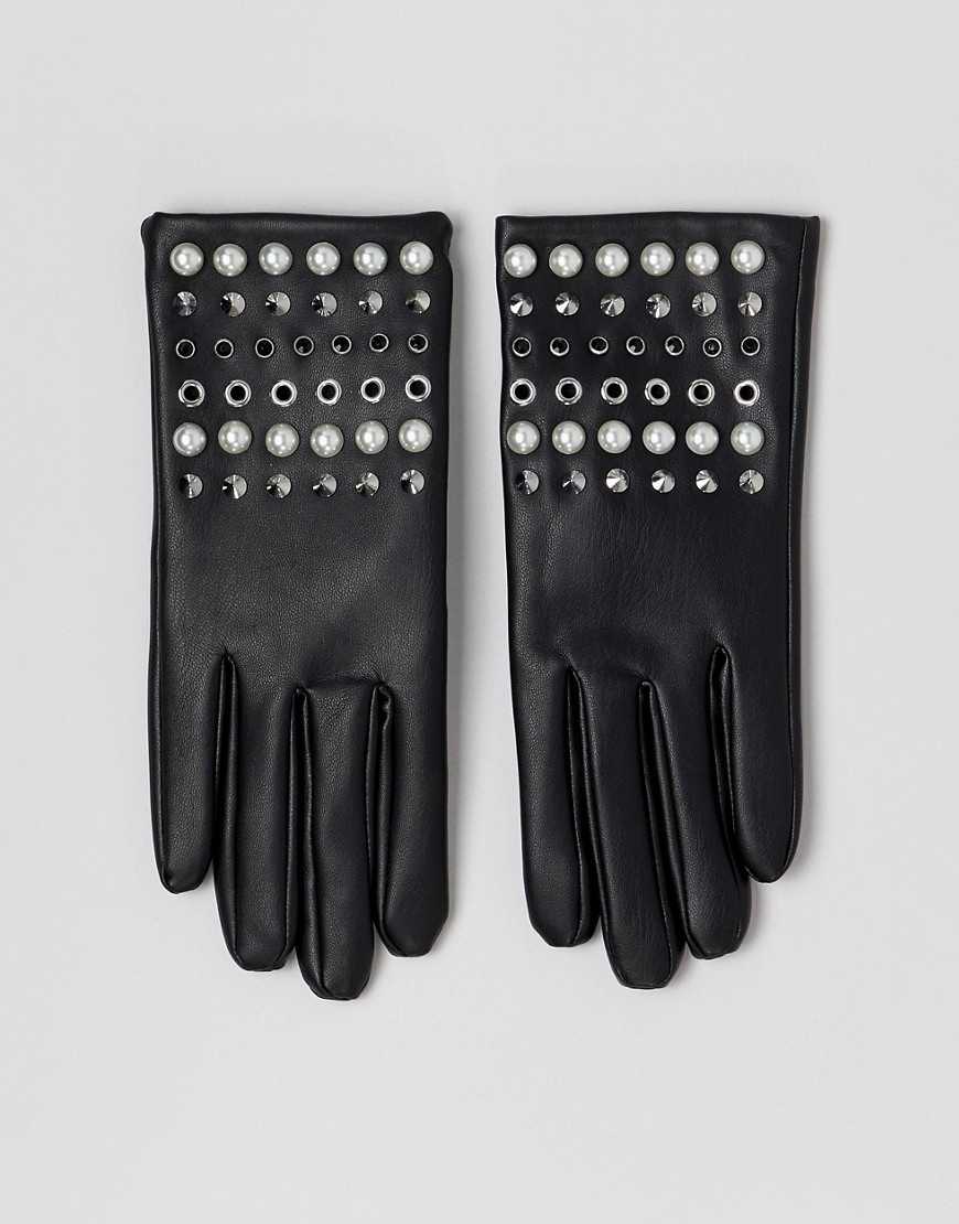фото Перчатки в кожаном стиле с искусственным жемчугом и заклепками asos design-черный