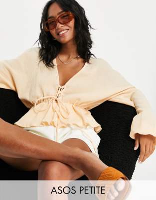 Персиковый топ из жатой ткани со шнуровкой спереди ASOS DESIGN Petite-Черный цвет
