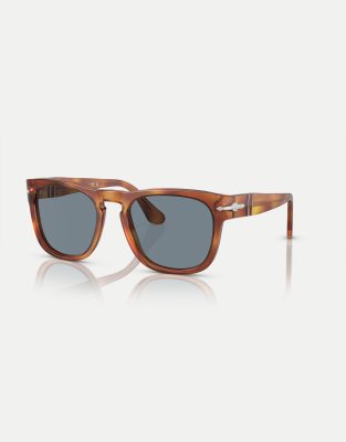 Persol - Elio - Eckige Sonnenbrille mit blauen Gläsern in Siena-Braun-Brown