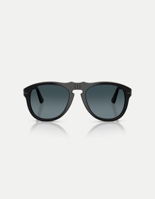 Persol Po0649ne - total black arrow pilot polarised sunglasses with blue lens in black