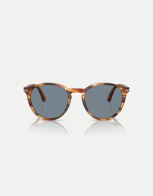 Persol po3152s round sunglasses in brown with blue lens in brown striped yellow, 3 of 4