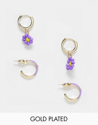 Petit Moments gold plated 2 pack enamel dipped earrings in purple and gold
