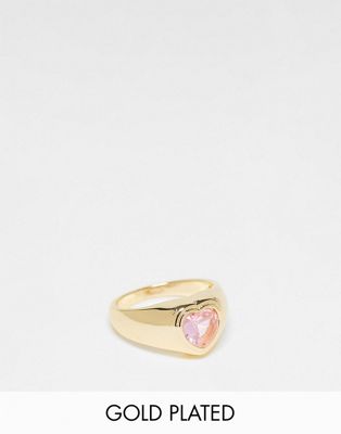 Petit Moments gold plated heart stone ring in gold with pink stone - ASOS Price Checker