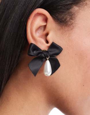 Petit Moments Petit Moments bow pearl stud earrings-Black