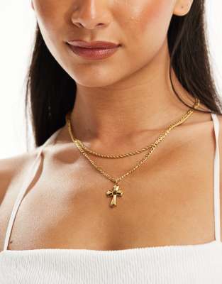 Petit Moments Cross Pendant Layered Waterproof Stainless Steel Necklace In Gold