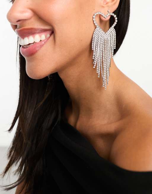 Petit Moments glamour statement heart rhinestone earrings in silver, 4 of 4