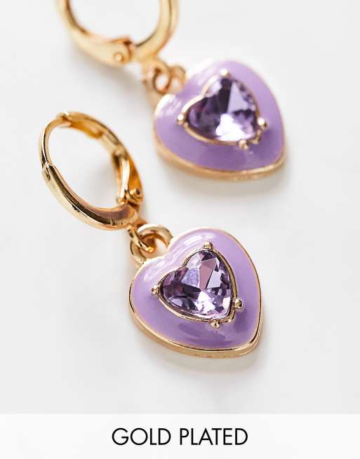 Petit Moments gold plated enamel crystal heart huggie hoop earrings in lilac