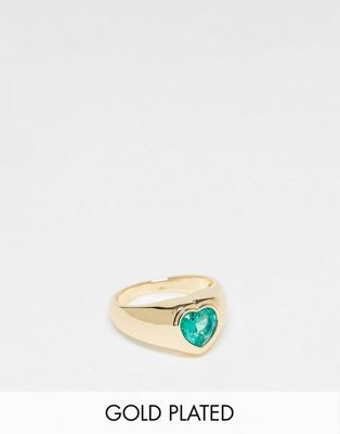 Petit Moments gold plated heart stone ring in gold with green stone - ASOS Price Checker