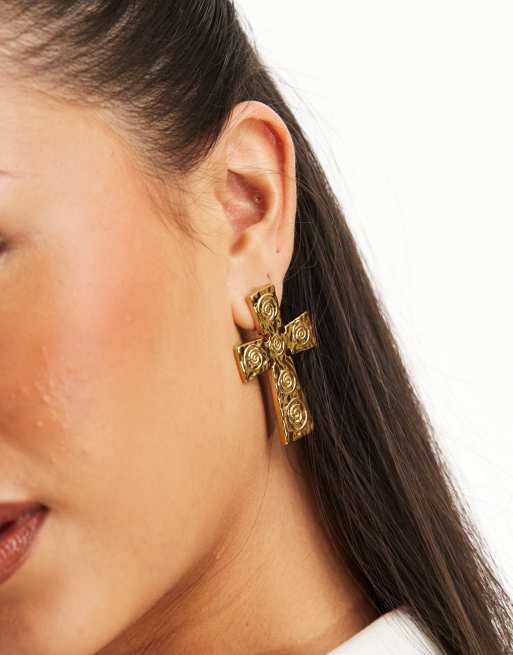Petit Moments - Orecchini in acciaio inossidabile color oro resistenti all'acqua con croce